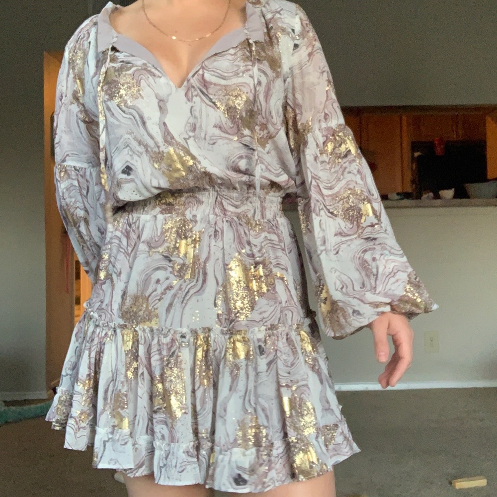 Buddy Love Small, purple and metallic gold long sleeve knee length mini dress